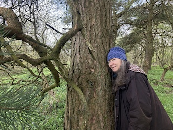 Das Bild zeigt die Dichterin Josephien Dickinson mit dem Ohr an einen Baum gelegt